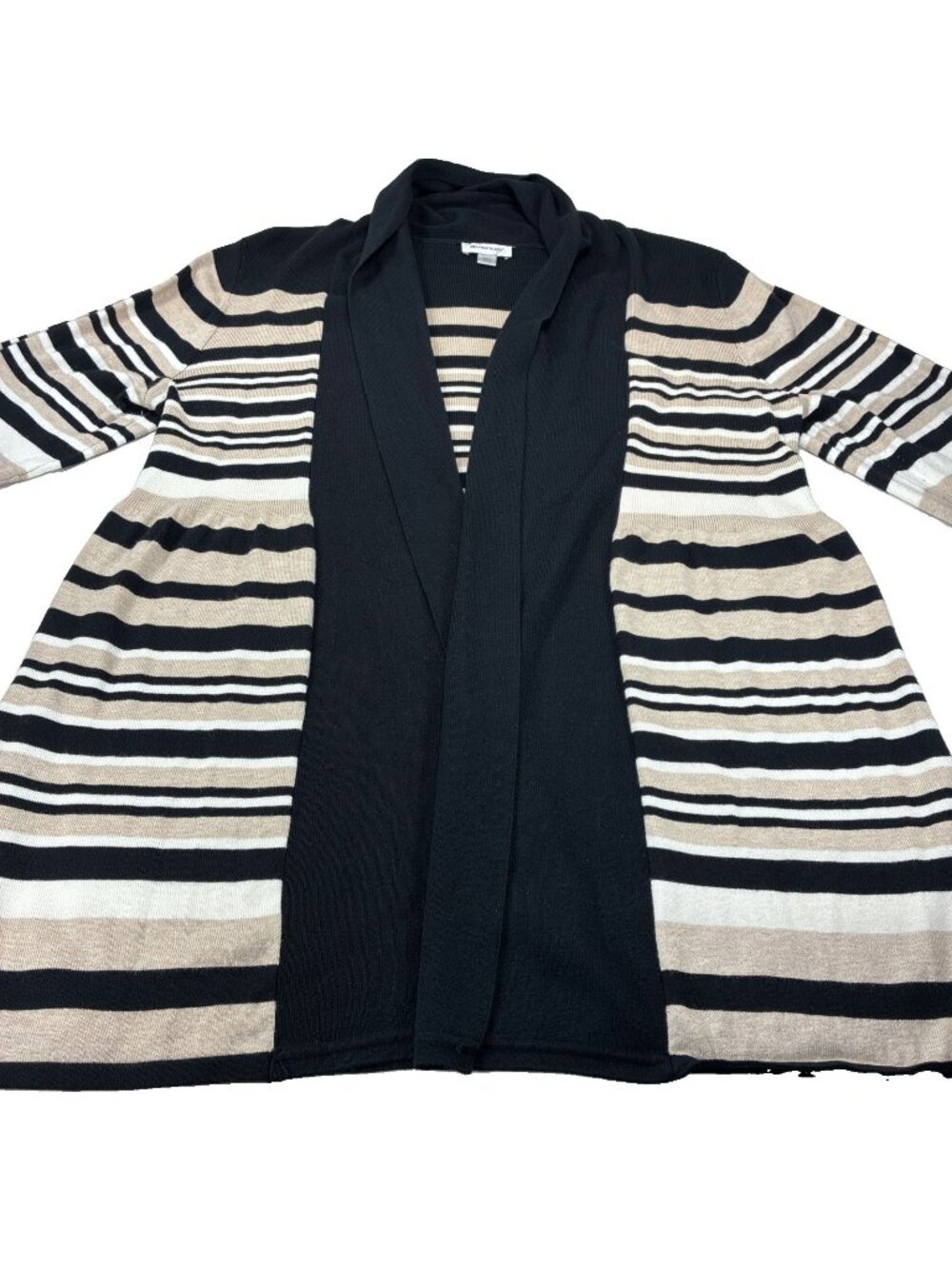 Avenue Cardigan Jacket Womens 14/16 Black Beige Striped Open Front Mock Neck